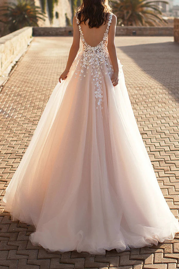 Abito da sposa casual in stile A Hall con adesivi in pizzo 3D sul collo, abito da sposa in stile rurale